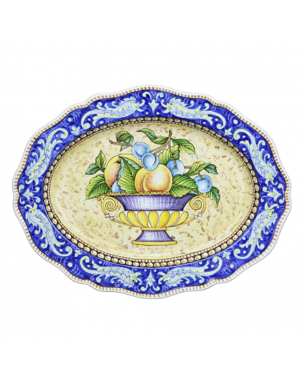 Decorative oval ceramic plate with blue border 500080185-01