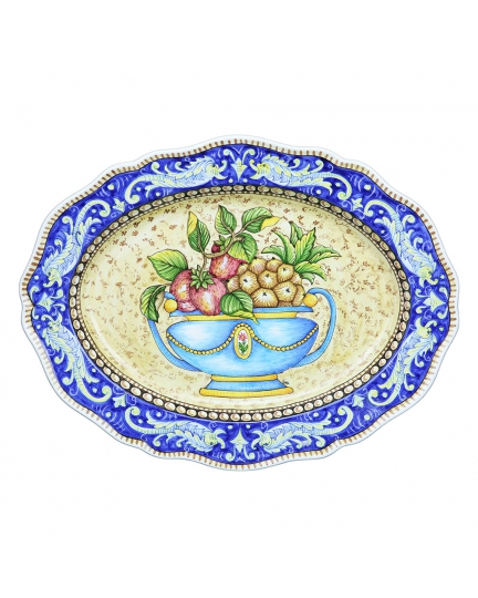 Decorative oval ceramic plate with blue border 500080186-01