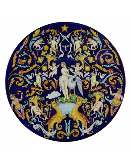 PLATE with grotesques, satyrs and angels on a blue background D55cm 