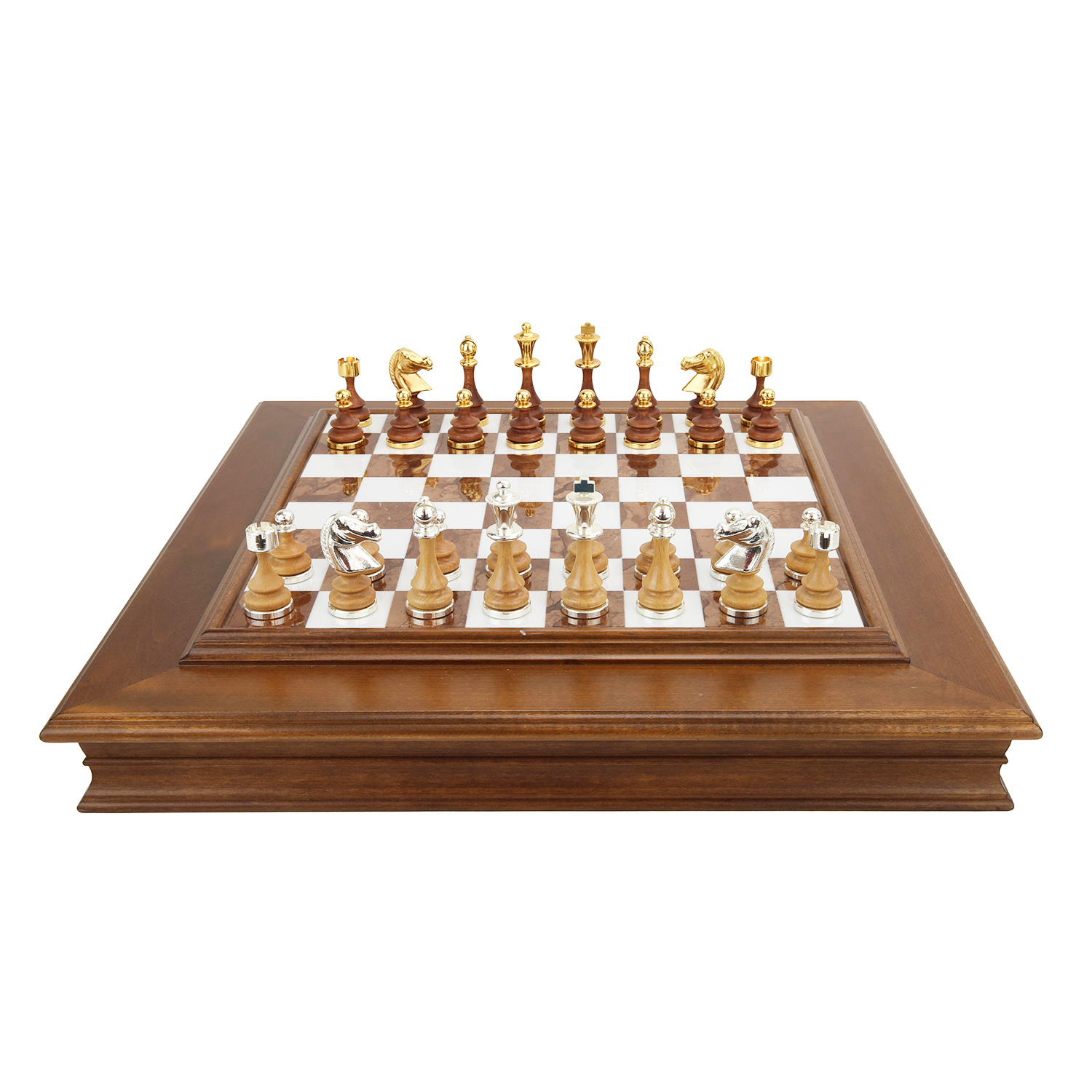 Marble Patterned Chess Box Set with Gold/Silver Metal Chessmen