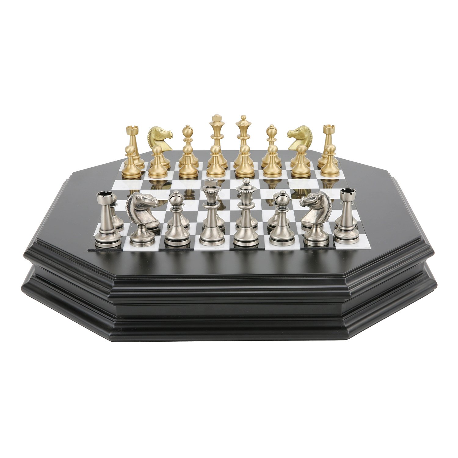 Chess Set - Large Metal Staunton Men on Marble Decoupage Chess