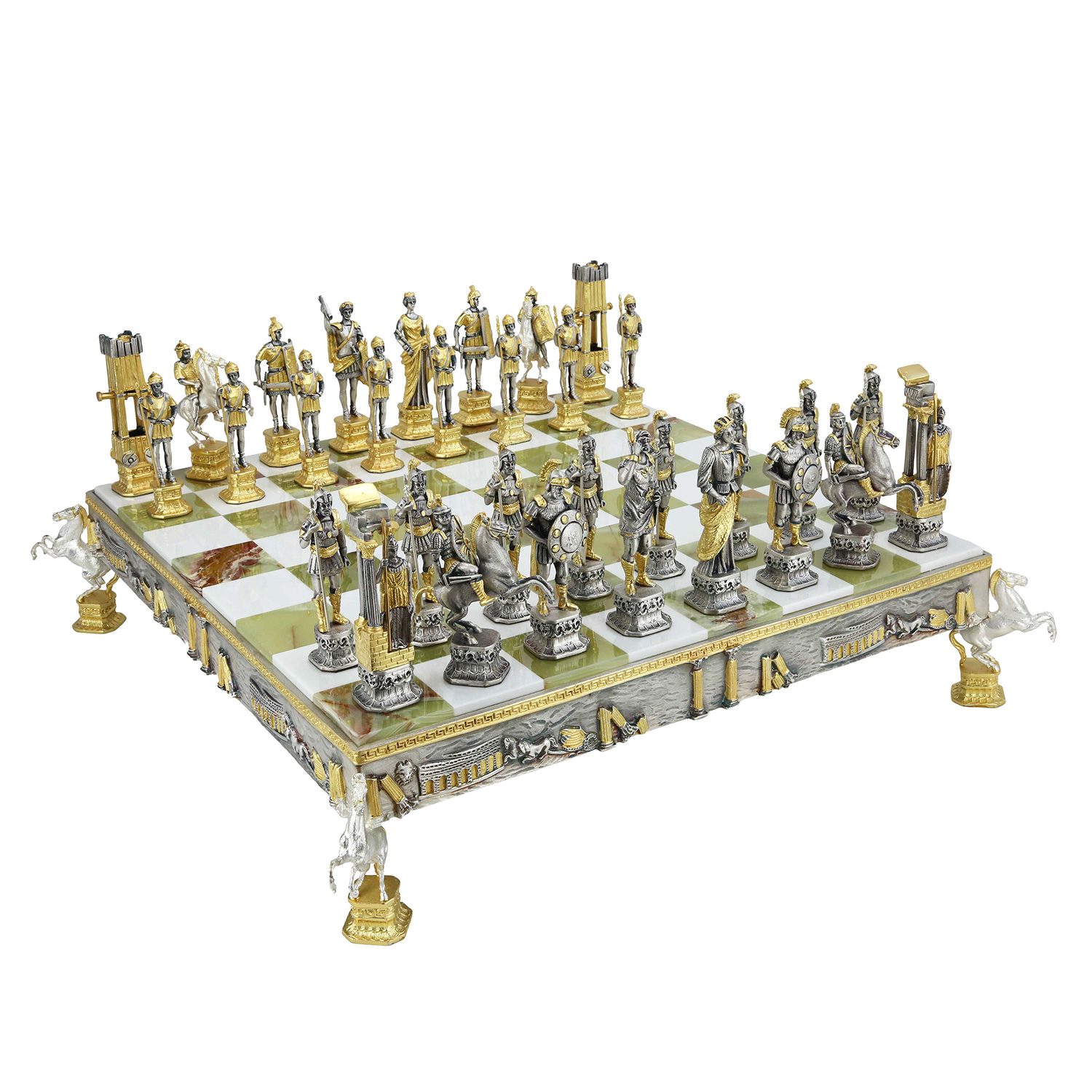 Luxury brown leather and marble chess set board with roman